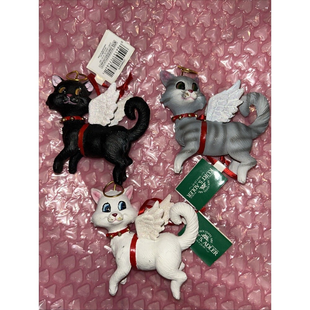 Kurt Adler Tabby Cat w/ Angel Wings Christmas Vintage Tree Ornament 3Pc Resin 3”